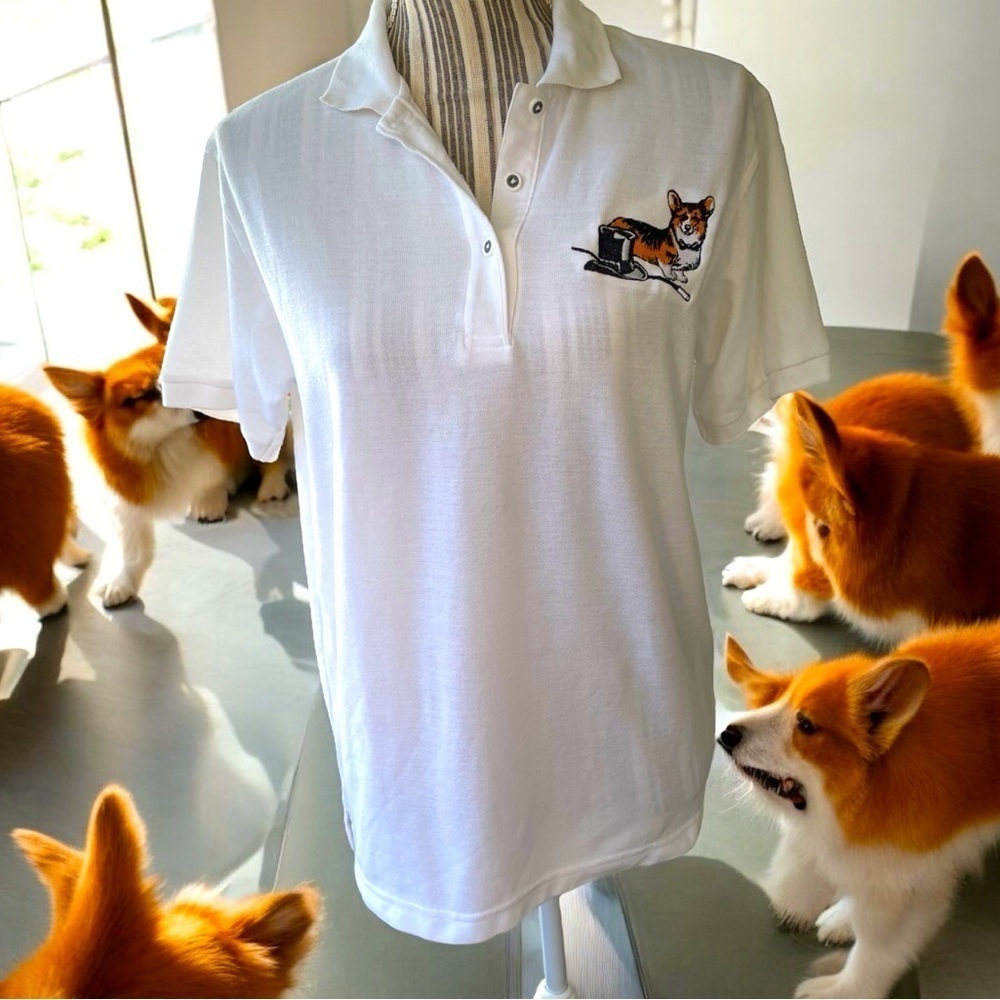 Polo shirt, size M, no tags, Corgi with top hat and stick, pique texture